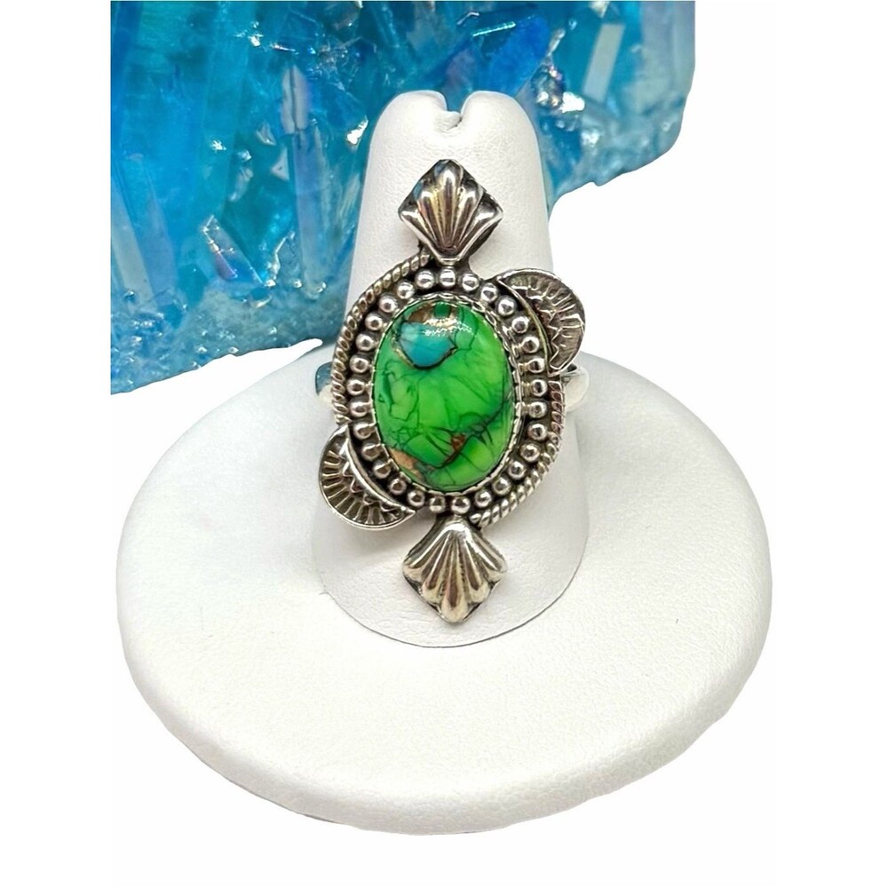 Peacock Dahlia Kingman Turquoise Ring 925 Sterling Silver Adjustable Size 7 - 9